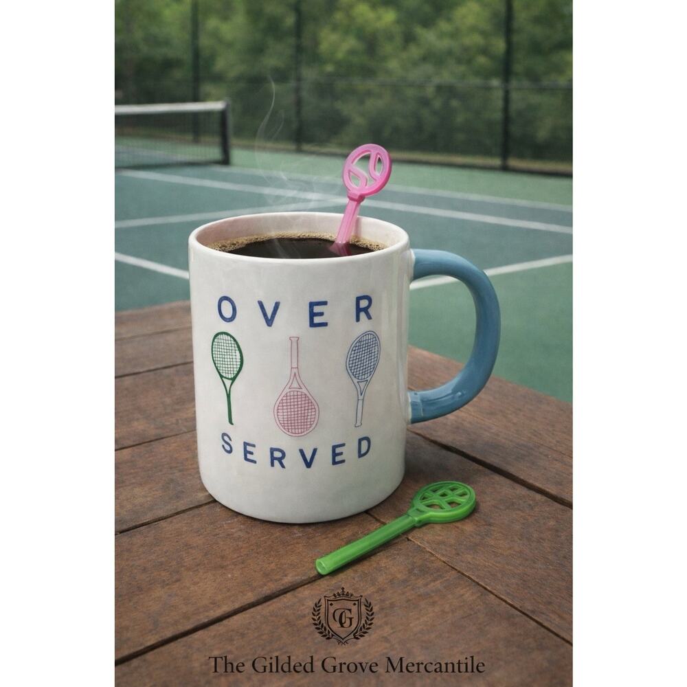 Mud Pie Tennis Mug Set Over Served Coffee Cup w/ 2 Racket Stirrers Gift